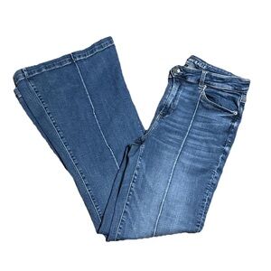 American Eagle Festival Flare 14 Long Stretch Blue Jeans Split Hem Wide Leg Boho